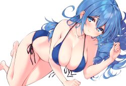 1girls absurdres barefoot bikini blue_bikini blue_eyes blue_hair breasts cleavage closed_mouth cu-no dutch_angle earrings front-tie_bikini_top front-tie_top hair_between_eyes halterneck highres hisen_kaede jewelry kohitsuji_ai large_breasts long_hair lying necklace non-web_source on_side scan side-tie_bikini_bottom simple_background smile solo string_bikini swimsuit white_background