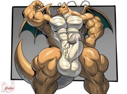 5_fingers abs anthro balls biceps biped countershade_tail countershade_torso countershading dragon dragonite erection fingers generation_1_pokemon genitals glans hi_res humanoid_genitalia humanoid_penis male masterelrest membrane_(anatomy) membranous_wings muscular muscular_anthro muscular_male nintendo orange_body pecs penis pokemon pokemon_(species) quads solo tail vein veiny_penis wings