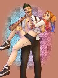 1boy1girl baseball_bat big_breasts blue_eyes carrying clothed costume grand_theft_auto grand_theft_auto_v green_eyes green_hair halloween halloween_costume harley_quinn_(cosplay) horrificdgn jenny_hall kyle_pred nopixel orange_hair