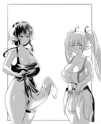 2futas accessories_shop_assistant_(futanari_no_elf) areolae artist_request big_breasts black_hair blush breasts cleavage curvy elf elf_ears erection flaccid futa_focus futa_only futanari futanari_no_elf hi_res long_hair monochrome nipples nude open_mouth simple_background tansho_(futanari_no_elf) twintails white_background wide_hips