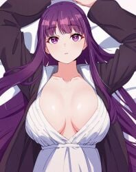 big_breasts breasts_apart breasts_bigger_than_torso fern_(sousou_no_frieren) large_breasts pale-skinned_female pale_skin purple_eyes purple_hair skeb sousou_no_frieren tagme