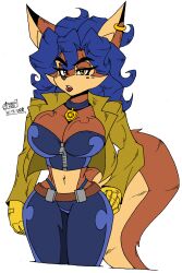 1girls 2020 anthro artist_name beauty_mark belt big_breasts blue_hair bottomwear breasts brown_body brown_eyes canid canine carmelita_fox choker cleavage clothed clothing crop_top curvy_figure ear_piercing ear_ring female fox gloves hair hand_on_hip handwear hi_res jacket jewelry lipstick long_hair looking_at_viewer makeup mammal markings midriff mole_(marking) mole_under_eye navel necklace panties pants piercing police policewoman red_lipstick ring_piercing shirt signature sly_cooper_(series) solo sony_corporation sony_interactive_entertainment sucker_punch_productions tail thick_thighs tight_clothing topwear tube_top underwear visible_underwear voluptuous wide_hips yellow_clothing yellow_gloves yellow_handwear zhengfox zipper