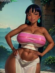 absurd_res ai_generated big_breasts black_hair brown_eyes chel crop_top dark-skinned_female earrings hands hands_on_hips hi_res high_resolution highres huge_breasts huge_butt loincloth long_hair midriff panda-ai panda_ai sidelocks smile stable_diffusion stomach tan-skinned_female tank_top the_road_to_el_dorado thighs tubetop