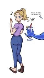 2girls before_inflation blonde_hair blue_eyes blue_slime blueberry_inflation drink human inflation jeans light-skinned_female looking_back medium_ass offering offering_drink ponytail purple_shirt sile2011 slime slime_girl tagme thin_waist