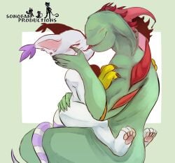 2023 absurd_res bandai_namco digimon digital_media_(artwork) duo female gatomon hi_res kissing male male/female nude romantic simple_background sonofan tailmon