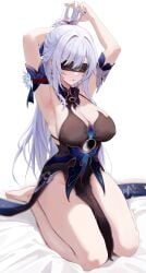 1girls 2023 armpits arms_up bare_breasts eyes_covered hi_res honkai:_star_rail honkai_(series) jingliu_(honkai:_star_rail) kneeling legs_together light-skinned_female light_skin long_hair ru_zhai simple_background solo thighs white_hair