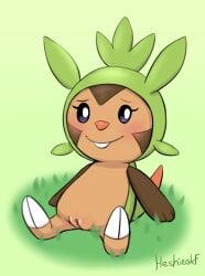 blue_eyes blush brown_body chespin eyelashes female feral generation_6_pokemon genitals grass green_background green_body heshieokf hi_res nintendo plant pokemon pokemon_(species) pussy sheepish_grin signature simple_background solo