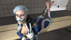 barefoot blue_eyes blue_eyes_female ecteno exposed_breasts exposed_feet feet frost_(mortal_kombat) half_clothed masked_female mortal_kombat mortal_kombat_11 nipples peace_sign presenting_feet puffy_nipples soles solo source_filmmaker the_pose toes