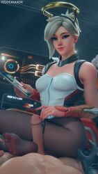 3d blonde_hair blue_eyes exposed_penis feet finger_on_penis footjob looking_at_viewer lowres mercy overwatch overwatch_2 pantyhose pov velocihaxor