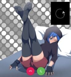 blush bulge bulge_through_clothing calling embarrassed feet feet_together feet_up femboy fingerless_gloves flustered gloves hoodie hoodie_up phone phone_call pose posing ringing_phone self_insert short_hair shorts thigh_gap thigh_highs thighhighs thighs trap video_call waiting zukafu_shimoto zukafu_shimoto_(character)