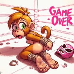 1girls ai_generated anthro ape ass barefoot bondage bound breasts defeated dixie_kong donkey_kong_(series) female furry game_over gameplay_mechanics green_eyes luchador_mask monkey_girl nintendo primate solo tagme tied_up unmasked wrestling_ring