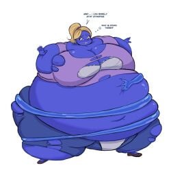 2girls ass_expansion belly_expansion big_belly big_breasts blonde_hair blue_eyes blue_skin blue_slime blueberry_inflation bra breast_expansion human inflation jeans panties ponytail purple_shirt ripped_clothing sile2011 slime slime_girl spherical_inflation sunken_head sunken_limbs tagme wrapped