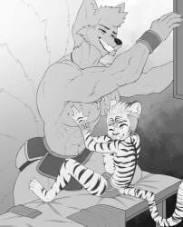 abs absurd_res age_difference alpha_male anthro bulge canid canine clothed clothing cocky duo dyson_(eldiman) eldiman felid fox greyscale hi_res male male/male male_only mammal monochrome muscular muscular_male oni_(thethirdchild) pantherine pec_grab pecs size_difference tiger topless young