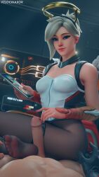 3d ai_upscaled doctor_on_patient exposed_penis feet finger_on_penis footjob handjob highres looking_at_viewer mercy overwatch overwatch_2 pantyhose pov velocihaxor