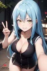 1girls ai_generated big_breasts blue_eyes breasts breasts_out cleavage female female_only golden_eyes holding lewdcreationsai looking_at_viewer outdoors peace_sign pov rimuru_tempest selfie selfie_pose smirk solo that_time_i_got_reincarnated_as_a_slime thigh_gap thighs thighs_together yellow_eyes