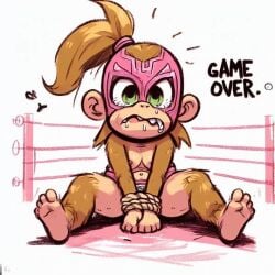 ai_generated barefoot blonde_hair bondage bound crying defeated dixie_kong donkey_kong_(series) female furry game_over green_eyes luchador_mask tagme tied_up wrestling_ring