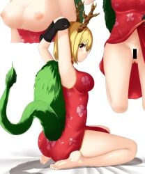 1girls animal_horns animal_tail areolae arms_up ass blonde_hair breasts breasts_out censored cleavage clothed doge_(artist) dress dress_down dress_lift dress_up feet gloves horn horns kicchou_yachie lifted_by_self looking_at_viewer nipples pussy red_eyes sheets short_hair solo tail thighs touhou turtle_shell yellow_hair