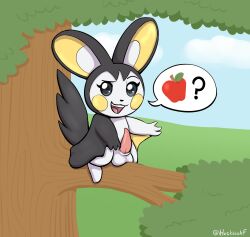 apple balls big_balls black_body black_fur emolga feral food fruit fur generation_5_pokemon genitals heshieokf hi_res in_tree male nintendo penis plant pokemon pokemon_(species) question_mark signature solo speech_bubble tapering_penis tree white_body white_fur