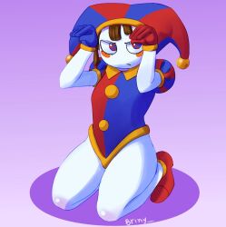 2023 2d 2d_(artwork) 2d_artwork angry angry_face artist_request big_thighs brown_hair cute female glitch_productions gloves gooseworx jester jester_cap jester_costume jester_girl jester_hat jester_outfit looking_at_viewer pomni pomni_(the_amazing_digital_circus) short_hair the_amazing_digital_circus thighs white_body