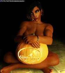 3d big_breasts black_hair blizzard_entertainment bracelet breasts breasts_out clavicle dark-skinned_female dark_skin earrings egyptian egyptian_female eyeliner eyeshadow face_tattoo fareeha_amari feet fuck_me_eyes glowing_eyes halloween hoop_earrings indian_style jack-o'-lantern knees lips lips_parted lipstick looking_at_viewer naked naked_female nipples nude nude_female overwatch overwatch_2 perky_nipples pharah pink_eyes pinup pumpkin red_lips red_lipstick short_hair sitting sitting_on_floor sitting_on_ground squidmelon staring_at_viewer tanline tanlines tattoo toes toned_female