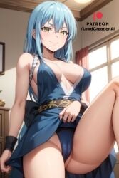 ai_generated armpit armpit_crease armpits big_breasts blue_dress blue_eyes breasts breasts_out cameltoe cleavage dress dress_lift from_below golden_eyes highs leg_up lewdcreationsai lifting_skirt looking_at_viewer looking_down nipples nipples_visible_through_clothing panties rimuru_tempest showing_pussy smirk solo t that_time_i_got_reincarnated_as_a_slime thick thick_ass thick_thighs thighs yellow_eyes