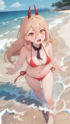 1girls ai_generated beach bikini black_tie blonde_hair blue_sky breasts chainsaw_man clouds cross-shaped_pupils day demon feet_on_water female female_demon female_only fiend girl hair_between_eyes horizon horns long_hair looking_at_viewer muscular navel necktie ocean open_mouth orange_eyes outdoors power_(chainsaw_man) red_bikini red_horns sand sharp_teeth side_tie_bikini side_tie_bikini_bottom side_tie_panties sky small_boobs small_breasts soaking_feet solo solo_female splashing standing string_bikini swimsuit symbol-shaped_pupils teeth tie toned wading walking water waves wet