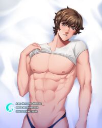 1boy abs bare_chest bishonen blue_eyes brown_hair castlevania castlevania:_rondo_of_blood castlevania_(netflix) castlevania_nocturne male_only mitgard-knight mitgardstore muscles muscular muscular_male partially_clothed pecs pectorals pillow richter_belmont solo_male speedo twunk