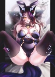 9_tails ahri alternate_hair_color animal_ear_fluff animal_ears animal_girl big_breasts black_hair blonde_hair breasts child_bearing_hips cleavage clothing coven_ahri curvaceous curves curvy curvy_body curvy_female curvy_figure curvy_hips eclipse_series eclispe_series eyelashes eyeliner eyeshadow facial_markings female fluffy fluffy_ears fluffy_tail fluffy_tails fox fox_ears fox_girl fox_tail furry_tail hair_over_one_eye hibahria hips humanoid inner_ear_fluff kemonomimi kitsune large_breasts league_of_legends light-skinned_female light_skin long_hair mulicolored_hair multiple_tails nine_tailed_fox pale-skinned_female pale_skin riot_games tail teal_eyes thighs vastaya video_games voluptuous wide_hips