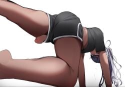 1futa big_breasts breasts clothed clothing curvy dark-skinned_futanari dark_skin elf elf_ears flaccid futa_focus futa_only futanari futanari_no_elf hi_res long_hair looking_at_viewer looking_back penis_peek penis_through_leghole pose revealing_clothes seruroku simple_background solo umanami_(futanari_no_elf) white_background wide_hips