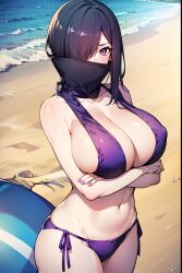 1girls ai_generated athletic_female beach big_breasts black_hair cf. cleavage cloak_covering_face female_abs fit_female kanisuka_rita ocean ohsama_sentai_king-ohger purple_eyes super_sentai