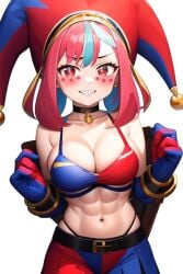 1girls abs ai_generated belly_button choker cosplay crossover emikukis female female_only gloves jester jester_cap jester_costume jester_girl jester_hat jester_outfit owozu pomni_(cosplay) red_eyes smile smiling smiling_at_viewer the_amazing_digital_circus virtual_youtuber vtuber