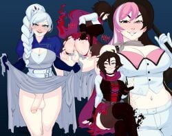 1futa 1girls absurd_res anus ass balls big_breasts big_penis black_hair braid braided_ponytail breasts brown_hair clothed clothes_lift clothing cowgirl_position disguise erection female futa_on_female futanari galactic_overlord human light-skinned_female light_skin long_hair looking_at_viewer neo_(rwby) partially_retracted_foreskin penetration penis pink_hair pussy ruby_rose rwby smiling smiling_at_viewer standing two_tone_hair uncut vaginal_penetration weiss_schnee white_hair