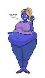 1girls ass_expansion belly_expansion big_belly big_breasts big_thighs blonde_hair blue_eyes blue_skin blueberry_inflation breast_expansion human inflation jeans navel ponytail purple_shirt sile2011 tagme