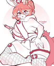 1girls ambiguous_species anthro bent_leg chikkibug female female_only fishnet_stockings fishnets hi_res looking_at_viewer nurse nurse_cap nurse_outfit red_eyes red_hair smiling smiling_at_viewer solo stockings tail thick_thighs white_body