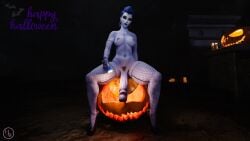 3d 3d_(artwork) big_penis fishnets futa_only futanari halloween high_heels hornywitches3d naked overwatch overwatch_2 pumpkin solo widowmaker