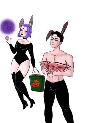 1boy 1girls bare_thighs batman_(series) bunny_ears dc dc_comics female floating halloween jason_todd legwear leotard lipstick male male/female purple_eyes purple_hair rachel_roth raven_(dc) red_hood_(dc) shirtless shirtless_male teen_titans thighhighs tight_clothing