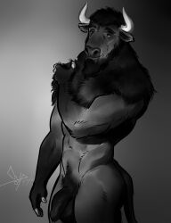 andreas_(apis_ger) anthro balls beard bgn biceps bison bovid bovine chest_tuft facial_hair flaccid fur genitals hair hi_res horn humanoid_genitalia humanoid_penis looking_at_viewer male mammal muscular muscular_anthro muscular_male nude penis simple_background smile solo tuft