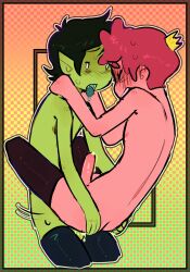 adventure_time anal_sex ass_grab black_hair blush carrying_position closed_eyes cornymember gay green_skin male_only marshall_lee pink_hair pink_skin pleasure_face pointy_ears precum prince_gumball sweat tongue_out yaoi