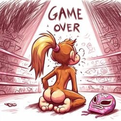 ai_generated ass barefoot blonde_hair defeated dixie_kong donkey_kong_(series) female furry game_over gameplay_mechanics luchador_mask monkey_girl tagme wrestling_ring