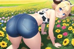 1boy ai_generated ass_focus big_ass big_butt blonde_hair blue_eyes cow_horns cow_print crop_top curvaceous curvy curvy_figure curvy_male denim_shorts farm femboy flower flower_field girly novelai rainbow short_hair smile smiling smiling_at_viewer