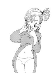 1girls accurate_art_style arm_up bangs black_and_white bra bra_peek breasts bulma_briefs curvy dragon_ball dragon_ball_(classic) dragon_ball_z dress_lift fenyo_n flashing_panties greyscale legs_together monochrome navel official_artist one_eye_closed pajamas panties phone ponytail selfie skindentation solo standing teardrop thick_thighs white_background