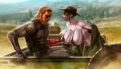 bald_female big_breasts breast_grab cowboy_hat eyepatch huge_breasts jojobanks konami masked_female metal_gear_solid metal_gear_solid_v pale_skin robotic_arm rule_63 skull_face surprised surprised_expression the_man_who_sold_the_world thick venom_snake