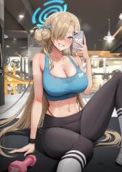 1girls asuna_(blue_archive) bare_shoulders black_pants blonde_hair blue_archive blue_eyes blue_sports_bra blush breasts cleavage collarbone grin hair_bun hair_over_one_eye holding_phone kkuni knee_socks kneehighs kneesocks large_breasts long_hair millennium_science_school_logo_(blue_archive) millennium_science_school_student mirror_selfie mole mole_on_breast navel panties panties_showing selfie shoes side_bun smile sneakers socks socks_and_shoes socks_over_yoga_pants solo sports_bra teeth white_socks yoga_pants