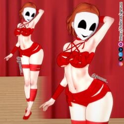 1girls armpits arms_up breasts female female_only gangle_(the_amazing_digital_circus) humanized igneuzz mask masked_female red_hair red_ribbon ribbons small_breasts smile solo solo_female tagme the_amazing_digital_circus thick_thighs