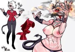 1girls abs alezzioarts cigarette demon demon_girl demoness helltaker lingerie painted_nails piercing red_eyes smoking tagme tail white_background white_hair zdrada_(helltaker)