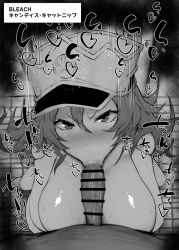 1boy :>= angry bar_censor bleach blush breasts candice_catnipp censored copyright_name erection fellatio female greyscale hat kurotama large_breasts long_hair looking_at_viewer mixed-language_text monochrome nose_blush oral peaked_cap penis pov pov_crotch saliva solo_focus squatting straight sweat tile_floor tiles