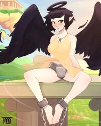 1girls angel ankle_cuffs areolae black_wings blush chains chastity_belt feathers female female_chastity female_only floating_island key key_necklace looking_at_viewer nipples outdoors pointed_ears shackles solo sundress tang temple translucent translucent_clothing wind wings