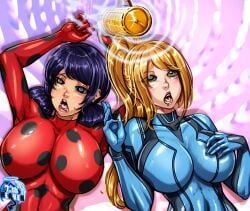 2girls 7th-heaven armpits big_breasts blonde_hair blue_hair bodysuit busty crossover drooling eastern_and_western_character female female_only huge_breasts hypnosis ladybug_(character) large_breasts marinette_dupain-cheng metroid mind_break mind_control miraculous:_tales_of_ladybug_and_cat_noir miraculous_ladybug multiple_girls nintendo pigtails ponytail samus_aran take_your_pick zero_suit_samus