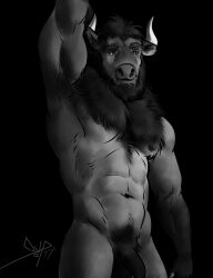 andreas_(apis_ger) anthro armpit_fetish balls beard bgn bison black_and_white black_background bovid bovine chest_tuft facial_hair flaccid fur genitals hair hands_behind_back hi_res horn humanoid_genitalia humanoid_penis male mammal monochrome muscular muscular_anthro muscular_male nipples nude pecs penis simple_background solo tuft