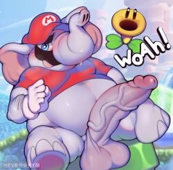 1boy 1other ambiguous_gender balls big_penis blush chubby_anthro chubby_male clothing cock dick elephant elephant_mario embarrassed erection furry gloves hpyononyo male male_focus male_only mario mario_(series) no_pants outdoors penis shirt sitting solo solo_male super_mario_bros._wonder sweat tagme talking_flower_(super_mario_bros._wonder) testicles text vein veiny_penis